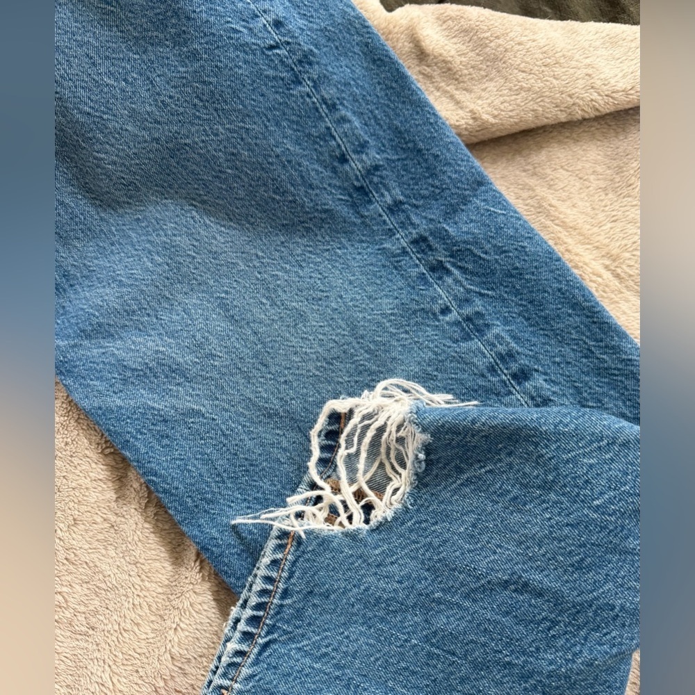 American Eagle Foldover High Waist Straight Leg Jeans, Distressed Blue, 8 Short - Picture 14 of 15